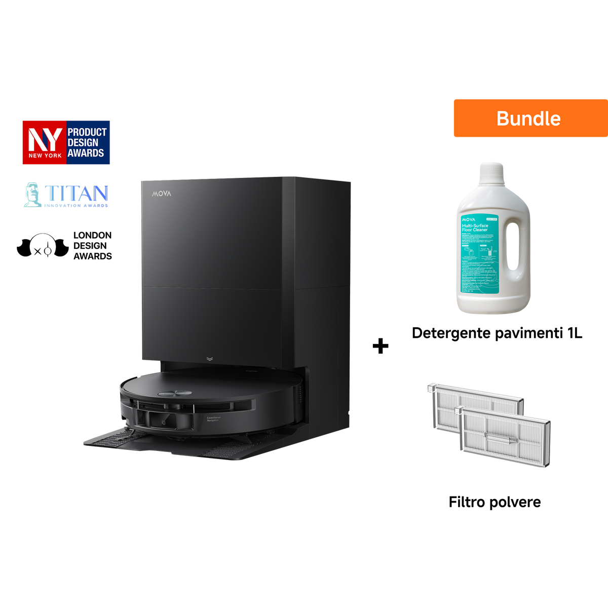 Dreame MOVA S70 Roller Robot Aspirapolvere Nero+ Sacchetto della polvere + 1L Detergente per Pavimenti