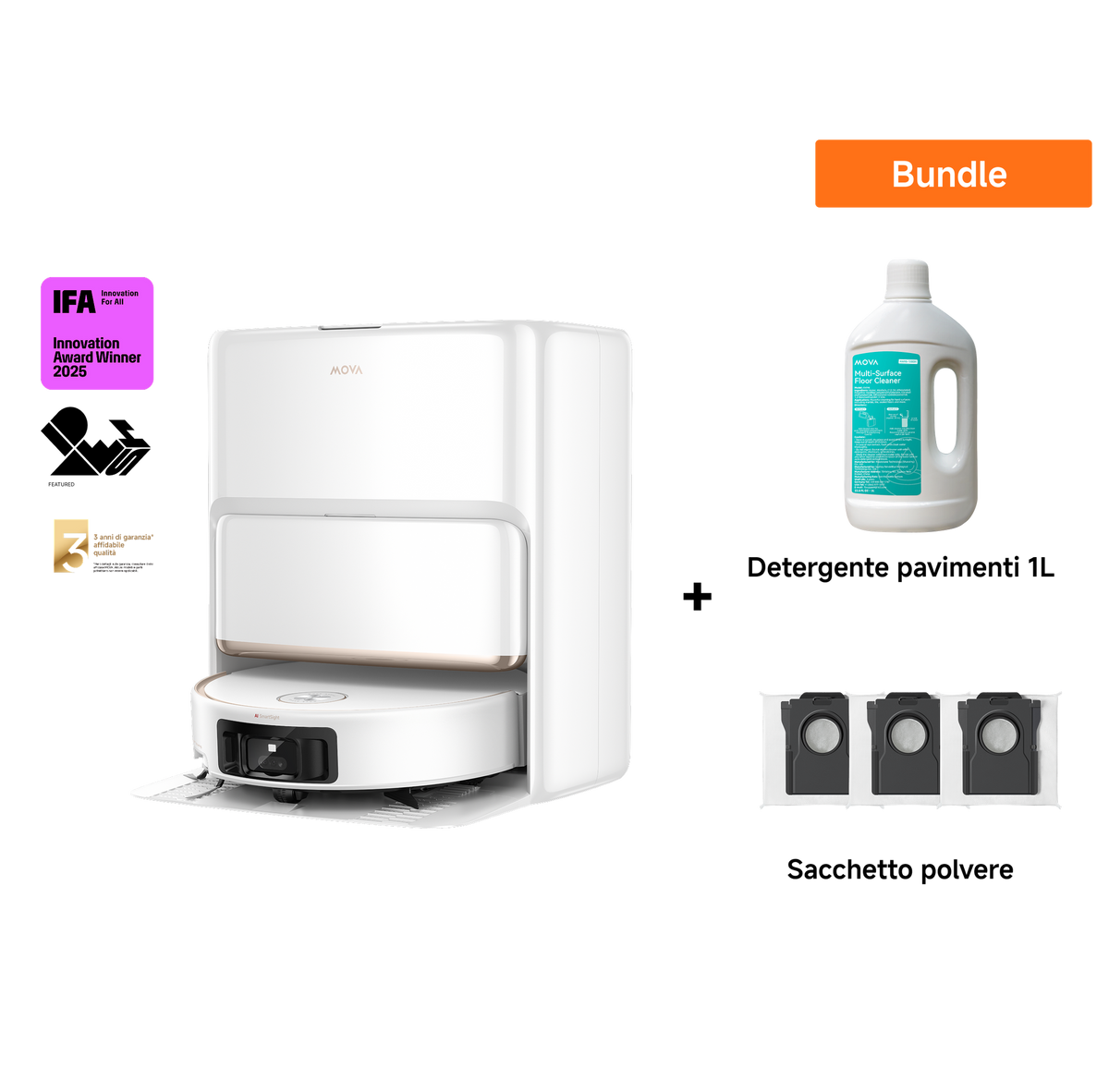 Dreame MOVA Z60 Ultra Roller Complete Robot aspirapolvere Bianco+ Sacchetto della polvere + 1L Detergente per Pavimenti