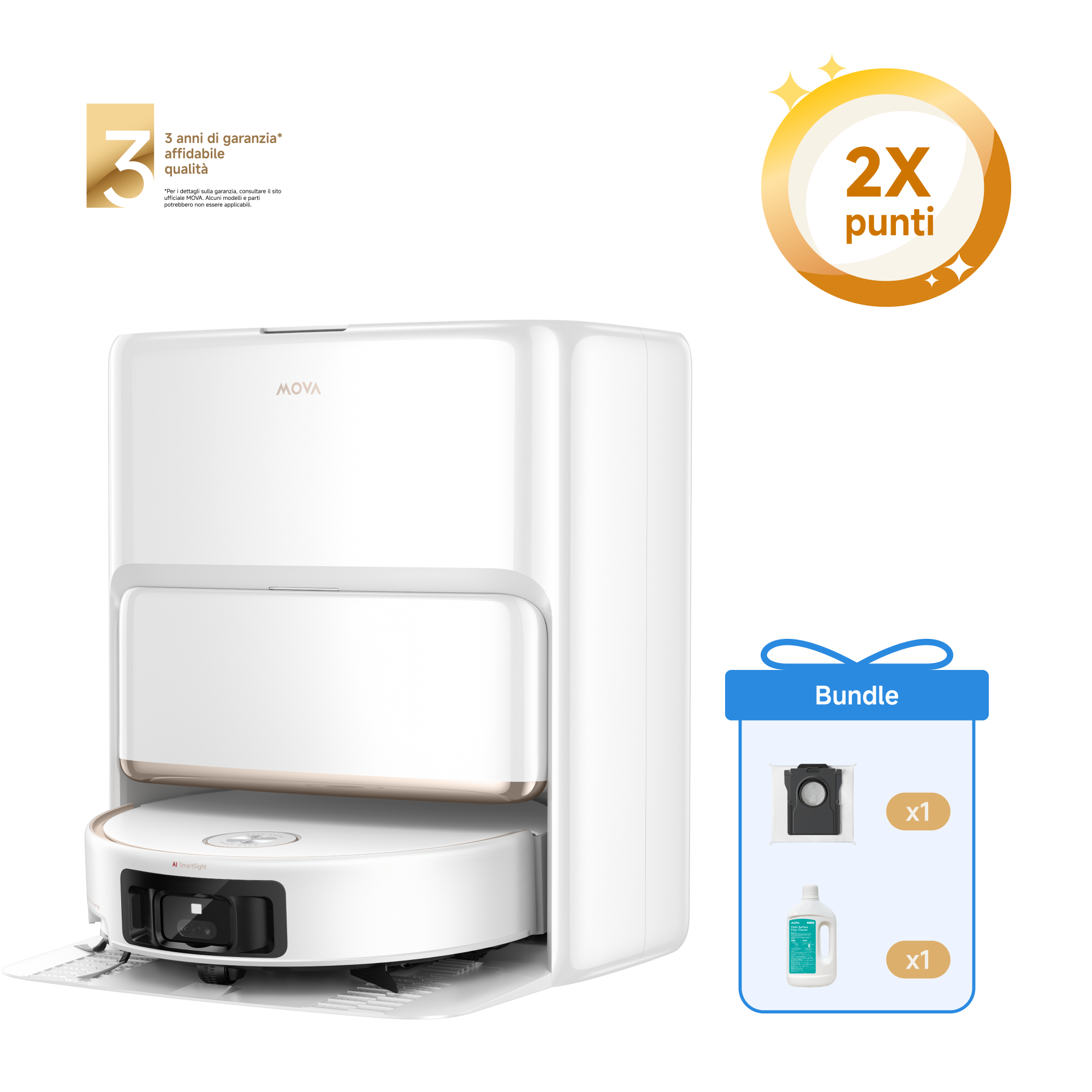 MOVA Z60 Ultra Roller Complete Robot aspirapolvere Bianco + Sacchetto della polvere + 1L Detergente per Pavimenti