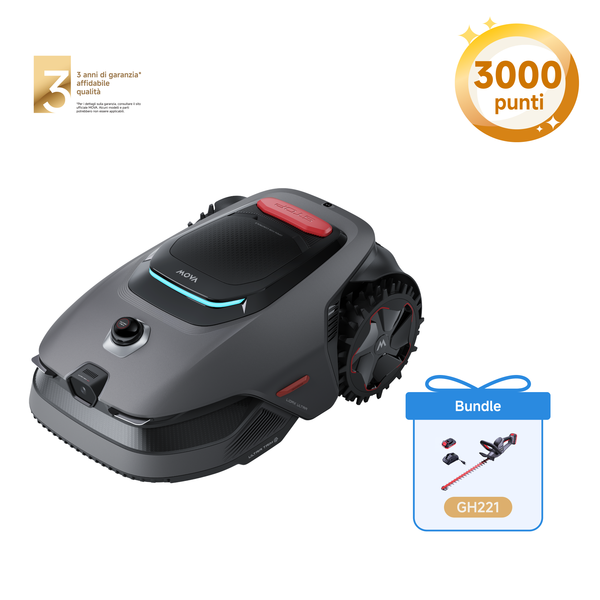 MOVA LiDAX Ultra 1600 Robot tagliaerba + MOVA GH221 Tagliasiepi cordless 55 cm 20 V