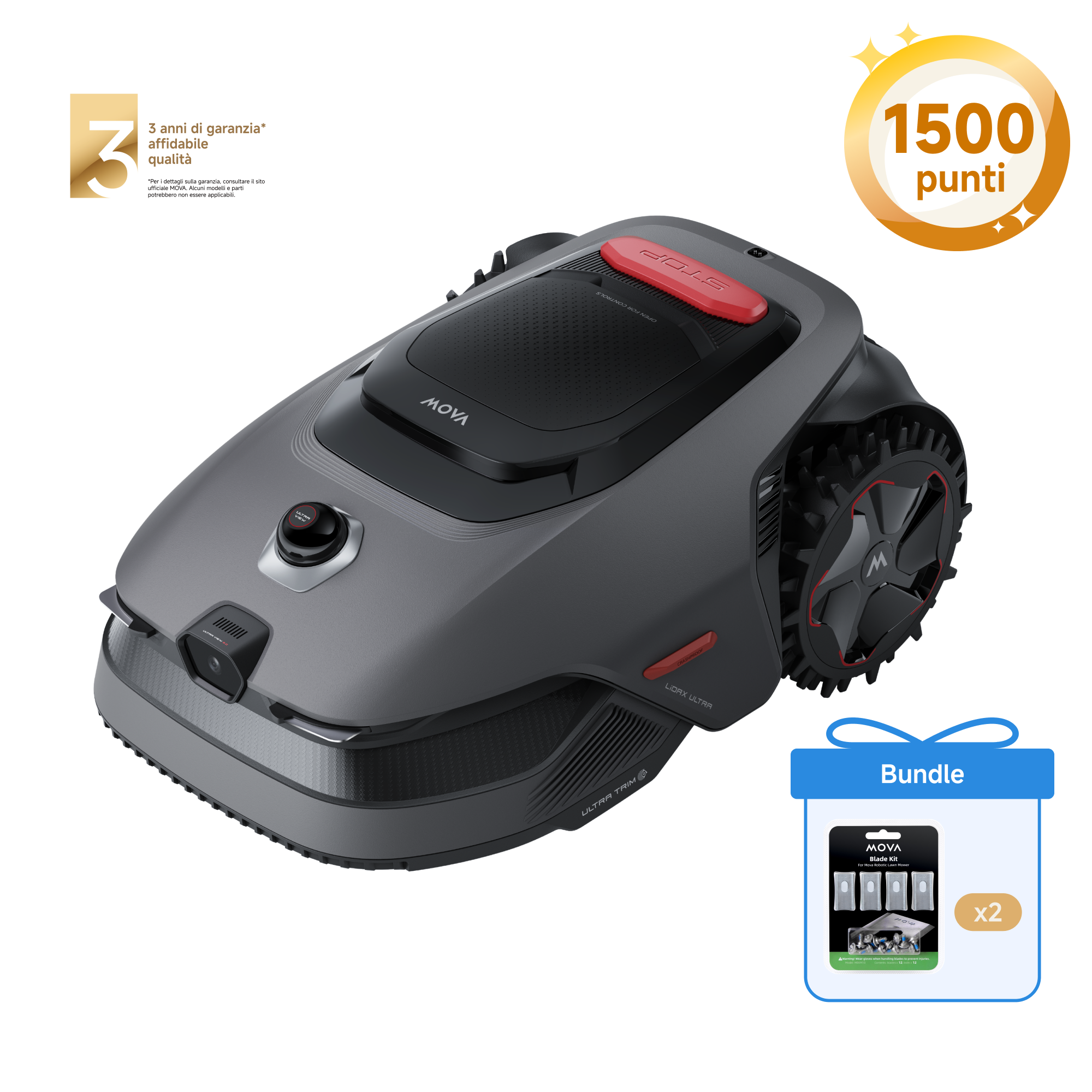 MOVA LiDAX Ultra 800 Robot tagliaerba + 2 set di 12 lame ciascuno