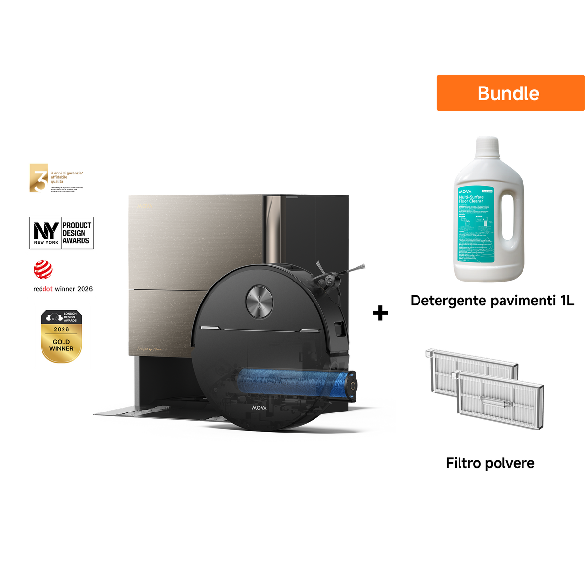 Dreame MOVA Z70 Ultra Roller Complete Robot Aspirapolvere Metallo Spazzolato + 1L Detergente + Filtro del contenitore